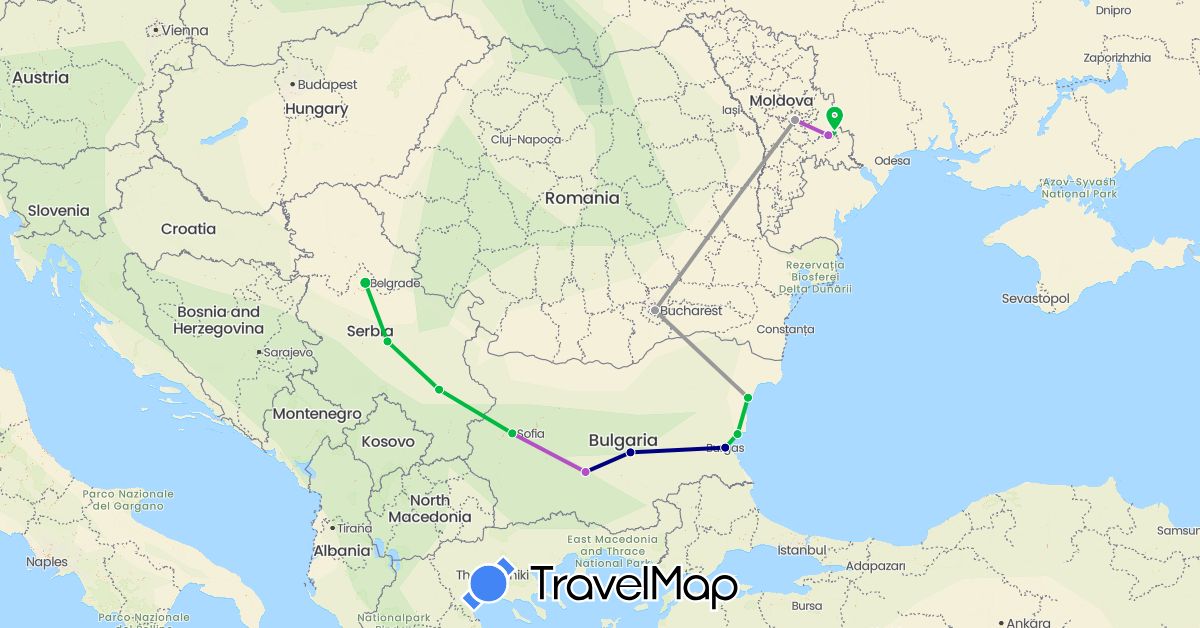 TravelMap itinerary: driving, bus, plane, train in Bulgaria, Moldova, Romania, Serbia (Europe)